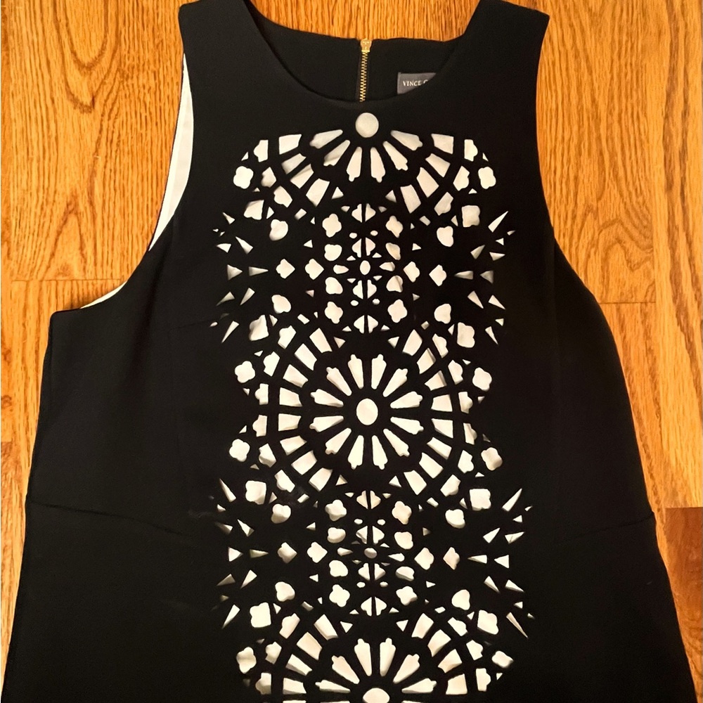 Vince Camuto black sleeveless top, white cutout pattern, full zip back.